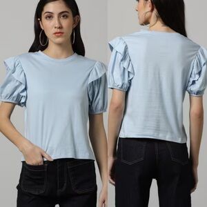 Zara light blue cropped puff sleeve shirt, size medium